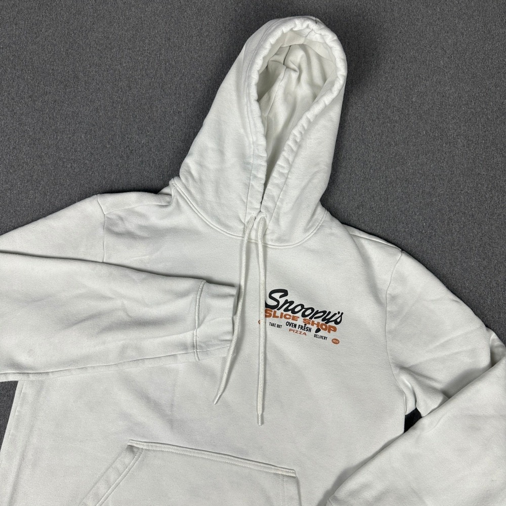 H&M Hoodie Mens M White Good Snoopy Woodstock Peanuts Slice Shop Pizza Graphic